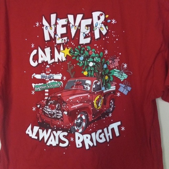 Buc-ees Tshirt Mens XL Never Calm Always Bright Red Christmas Holiday - Picture 3 of 6